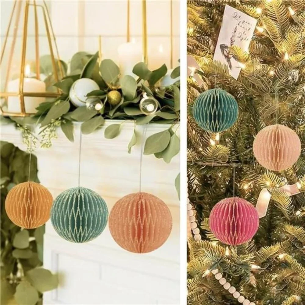 NEW West Elm 6 Piece Boho Glitter Paper Christmas Tree Ornaments Set Decor - 3
